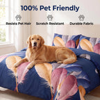 Navy Feather bedspread and curtain set - pet-friendly bedroom scene