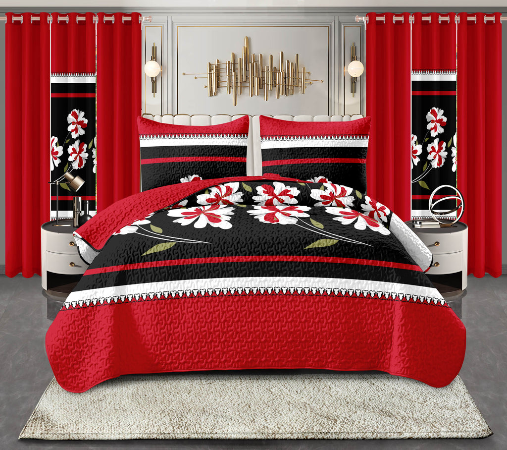 Red & Black Floral bedspread and curtain set - coordinated bedroom