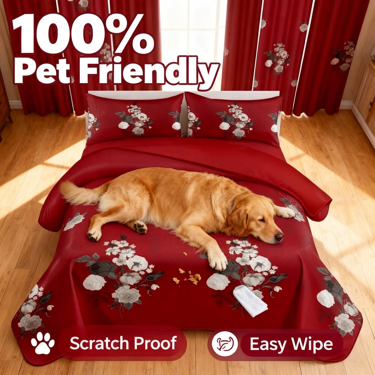 Red & White Floral Bedspread & Curtain Set – 9 Pieces