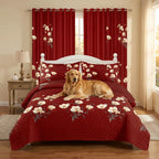 Red & Yellow Floral Bedspread & Curtain Set – 9 Pieces