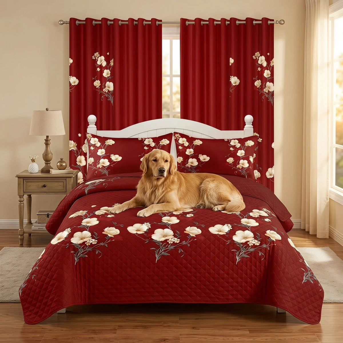 Red & Yellow Floral Bedspread & Curtain Set – 9 Pieces