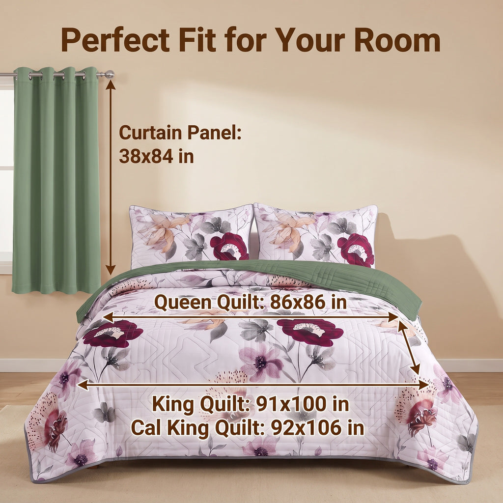 Sage Green Floral Bedspread & Curtain Set – 9 Pieces