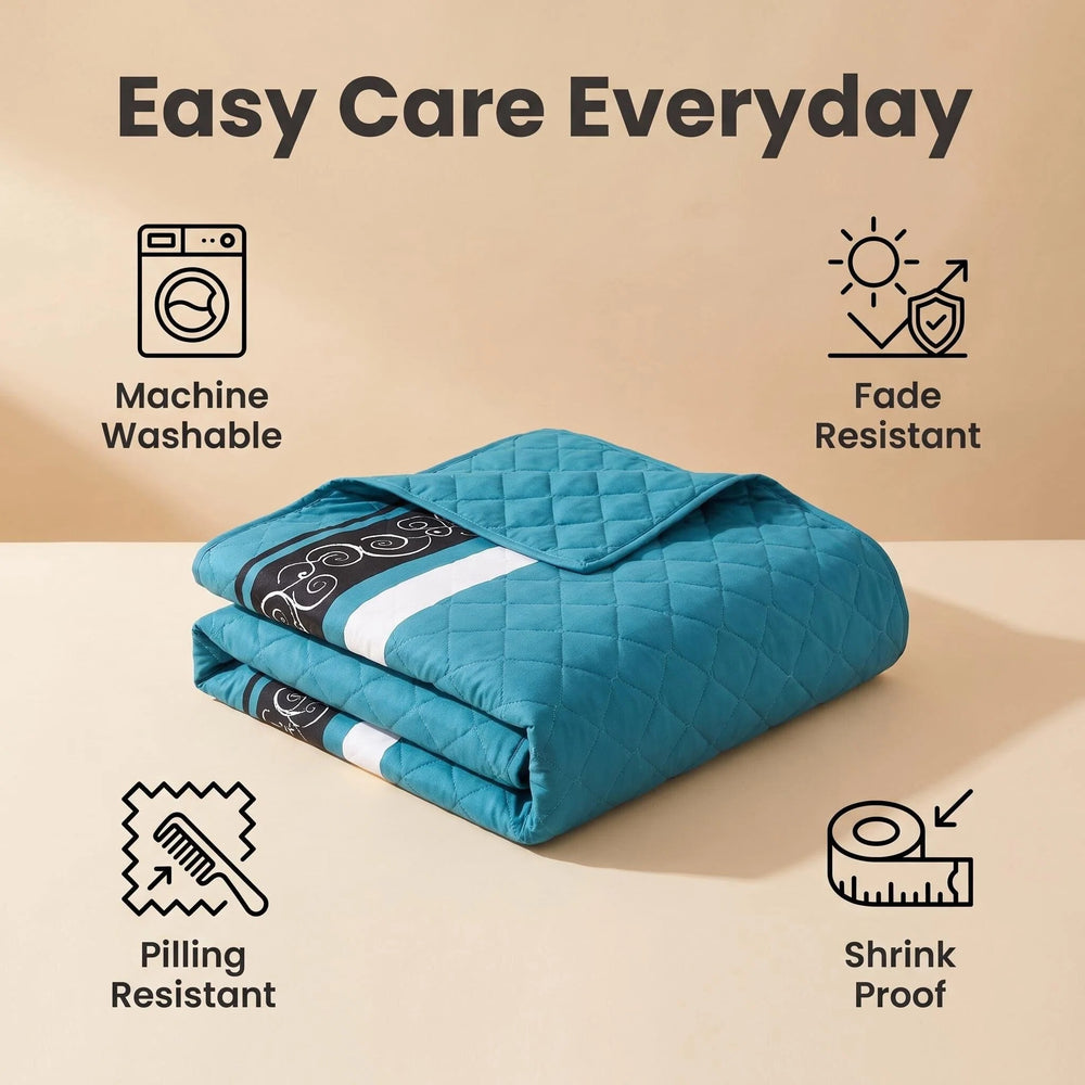 Folded bedspread showing its printed front and solid reverse, with machine-washable, wrinkle-resistant and quick-drying care features
