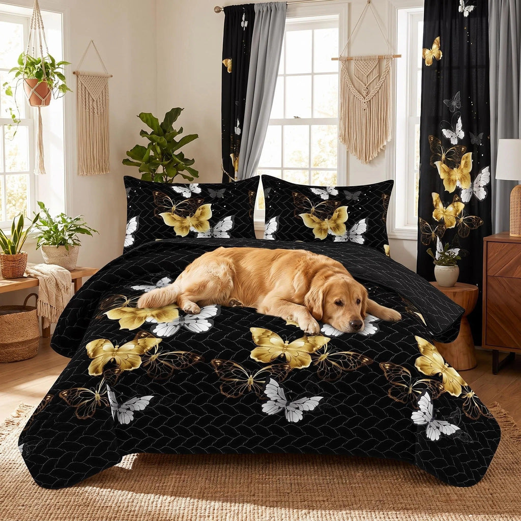 Black & Gold Butterfly Bedspread & Curtain Set – 9 Pieces