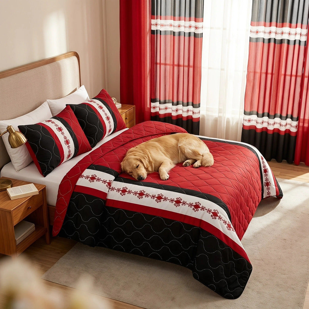 Black & Red Bohemian bedspread and curtain set - coordinated bedroom