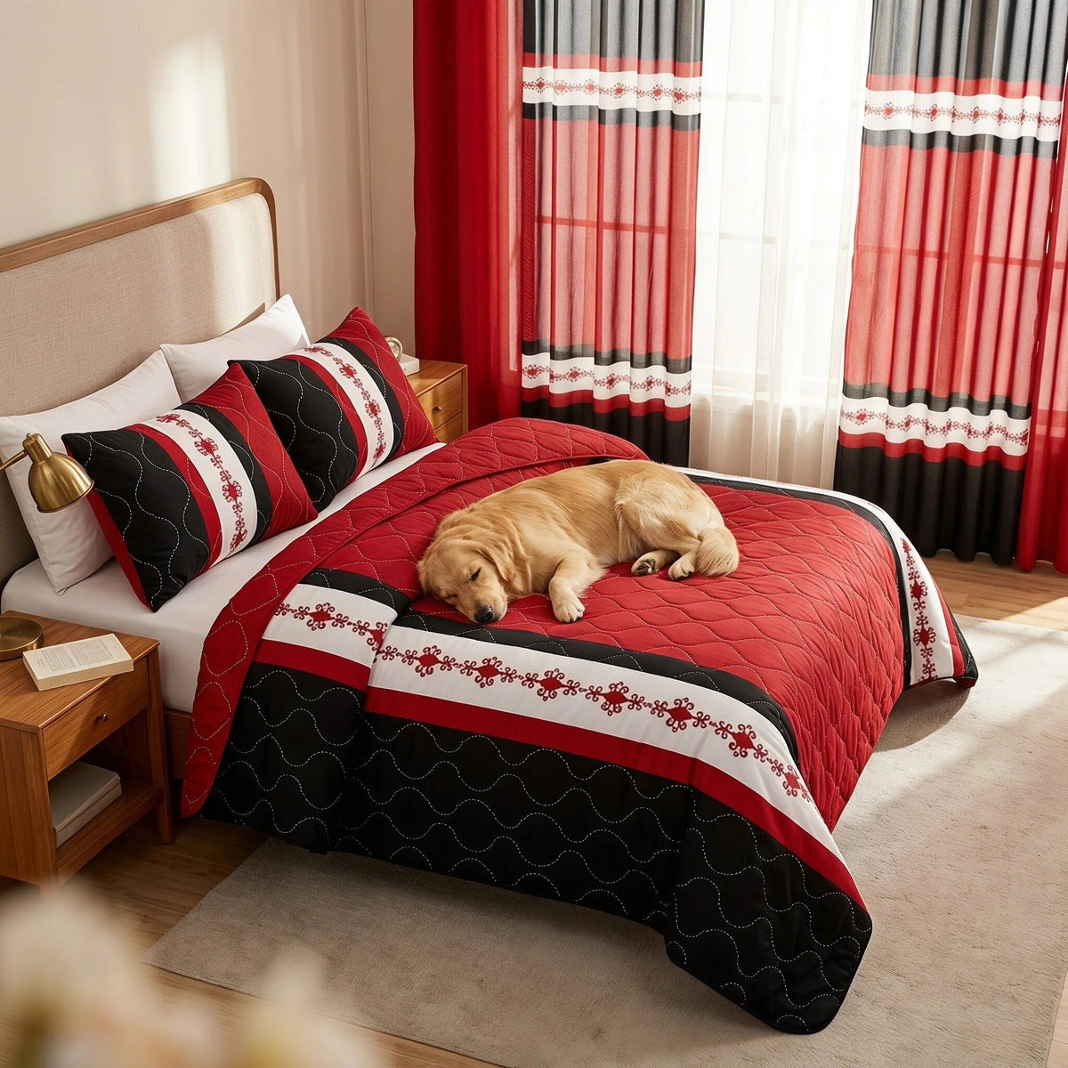 Black & Red Bohemian bedspread and curtain set - coordinated bedroom