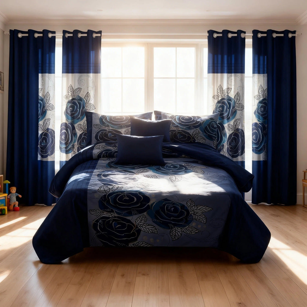 Royal Blue Rose Bedspread & Curtain Set – 9 Pieces