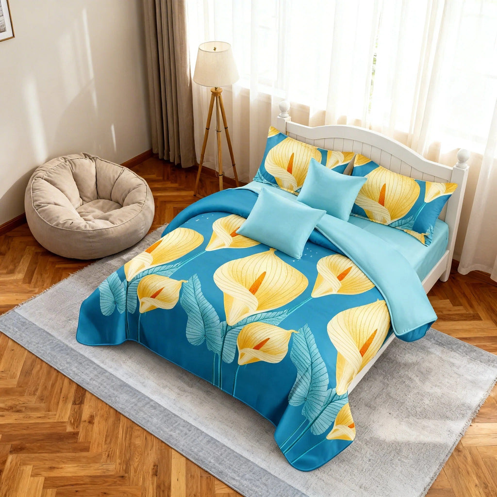 Blue & Yellow Floral bedspread and curtain set - coordinated bedroom