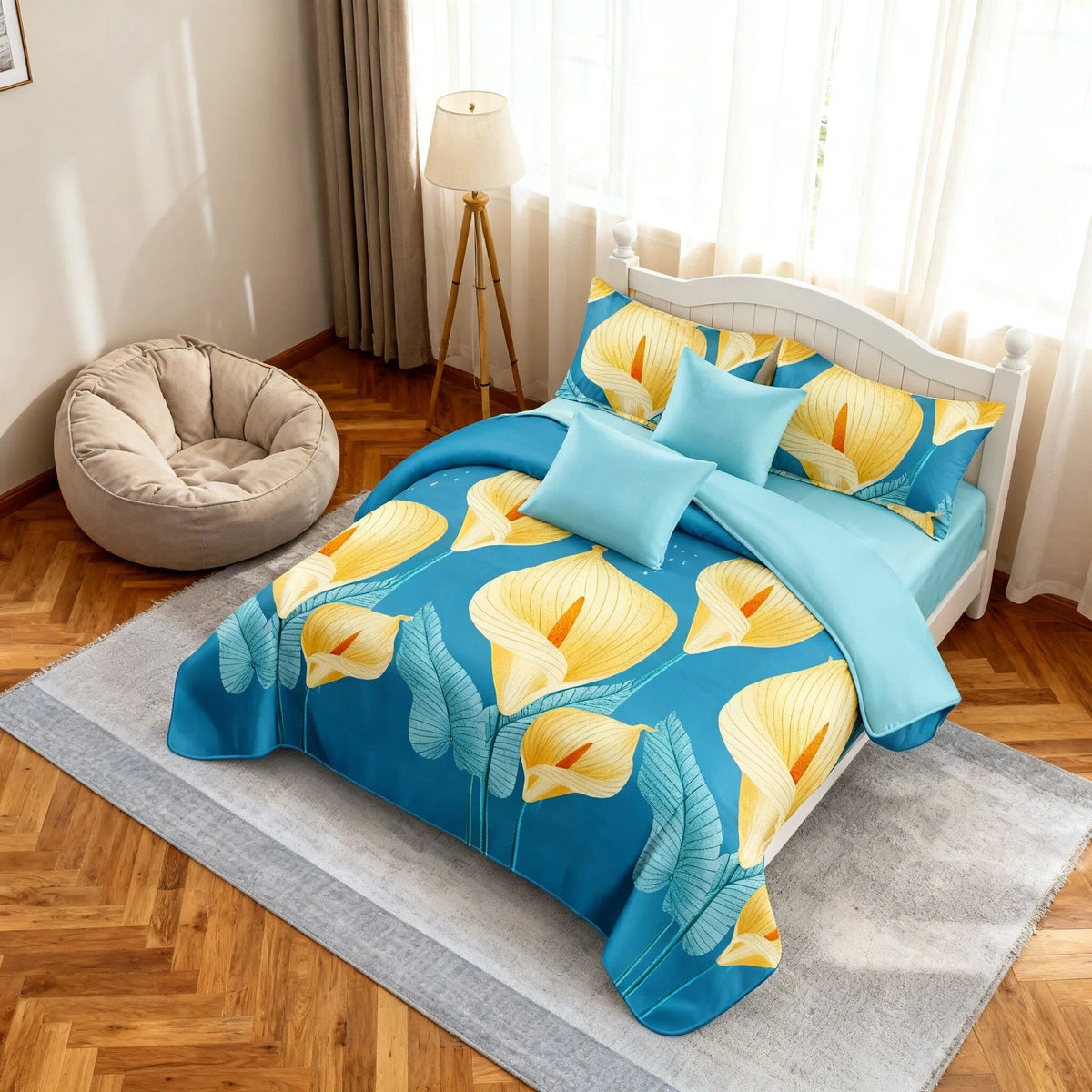 Blue & Yellow Floral bedspread and curtain set - coordinated bedroom