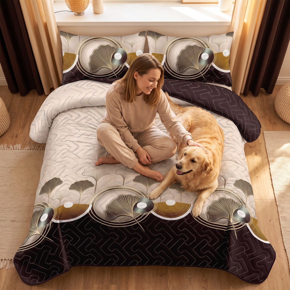 Brown Ginkgo Leaf Bedspread & Curtain Set – 9 Pieces