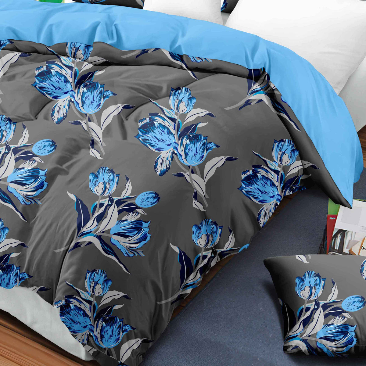 Close-up collage of quilted microfiber, stainless steel curtain grommets and water-repellent fabric