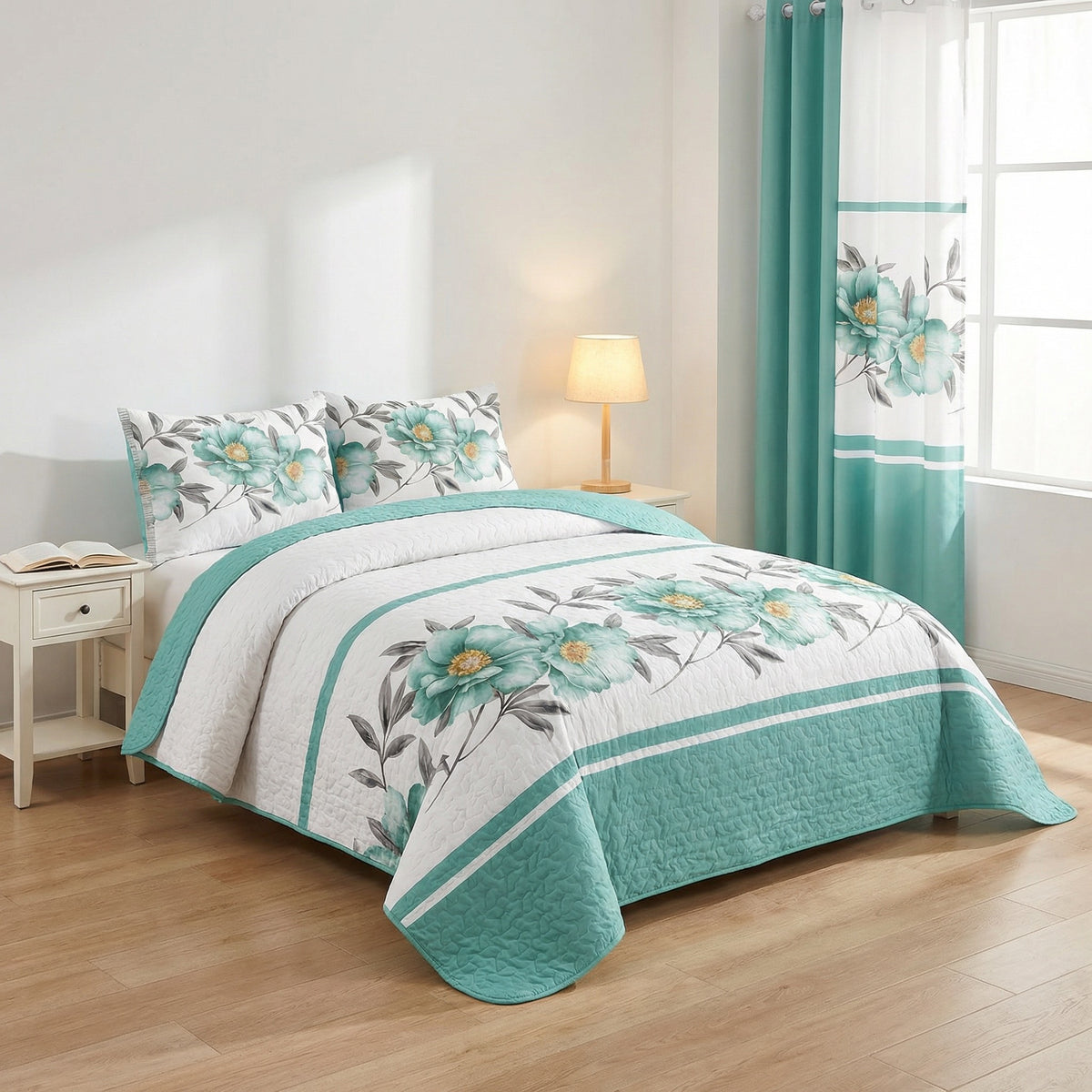 Green Rose Bedspread & Curtain Set – 9 Pieces