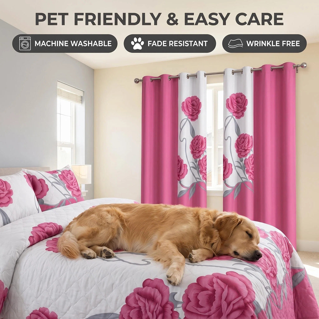Pink Rose Bedspread & Curtain Set – 9 Pieces