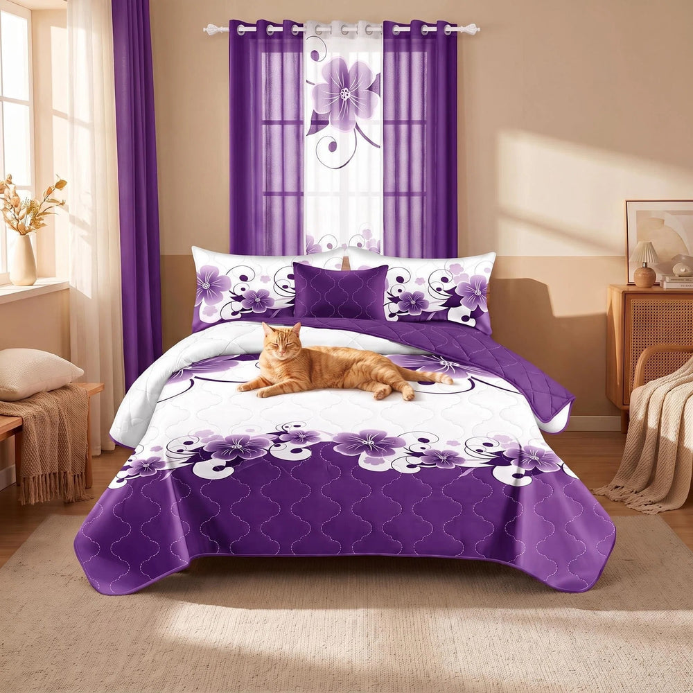 Dog resting on the coordinated bedspread, illustrating pet-friendly fabric and reduced hair cling