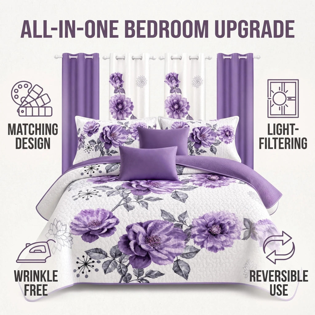 Purple Gem Floral bedspread and curtain set - features overview