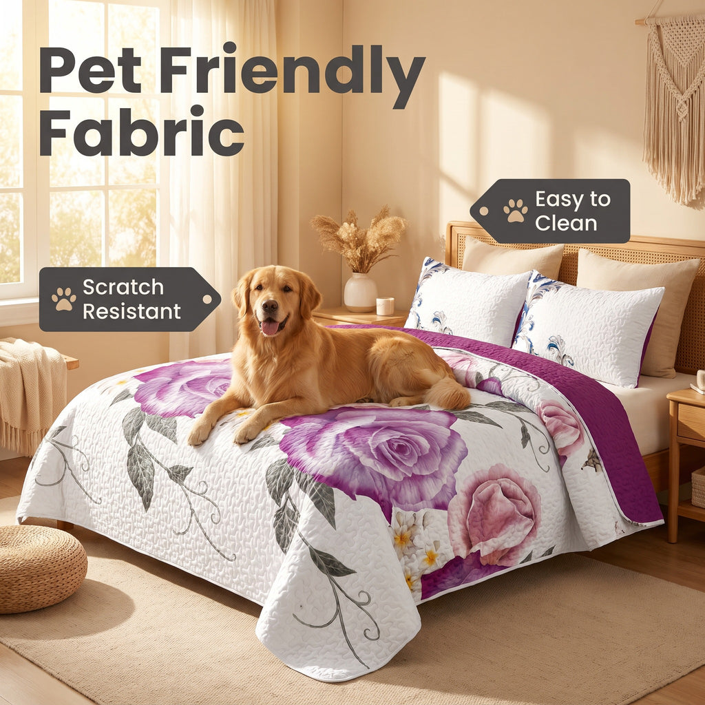 Purple Rose Floral Bedspread & Curtain Set – 9 Pieces