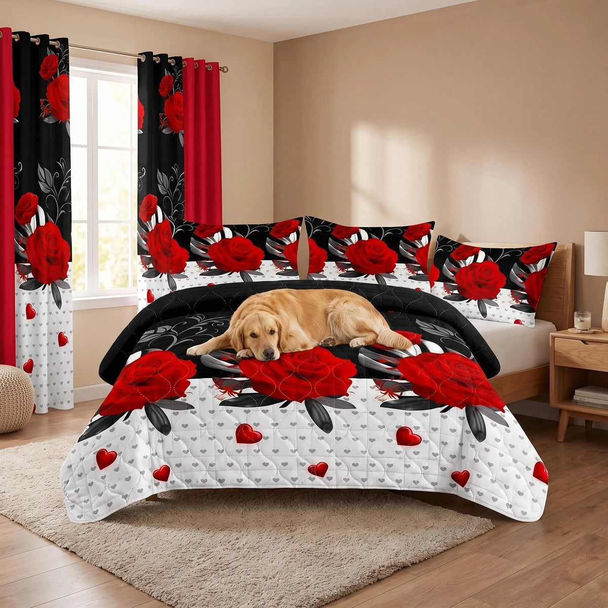 Red Peony Bedspread & Curtain Set – 9 Pieces