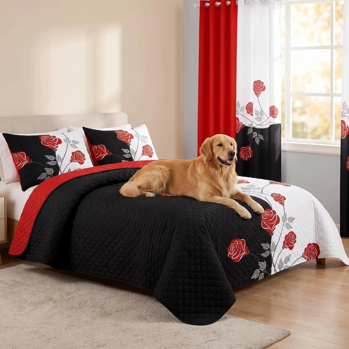 Red Rose Two-Tone Bedspread & Curtain Set – 9 Pieces