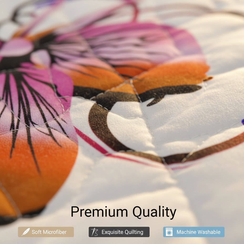 Bedspread close-up showing 130 GSM microfiber fabric, 200 GSM filling and quilted stitching