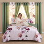 Sage Green Floral Bedspread & Curtain Set – 9 Pieces