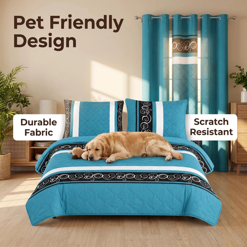 Dog resting on the coordinated bedspread, illustrating pet-friendly fabric and reduced hair cling