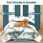 Teal Botanical bedspread and curtain set - pet-friendly bedroom scene