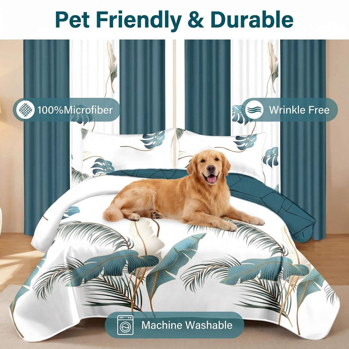 Teal Botanical bedspread and curtain set - pet-friendly bedroom scene