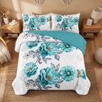 White & Blue Gem Floral Bedspread & Curtain Set – 9 Pieces