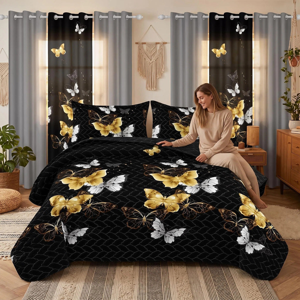 Black & Gold Butterfly Bedspread & Curtain Set – 9 Pieces