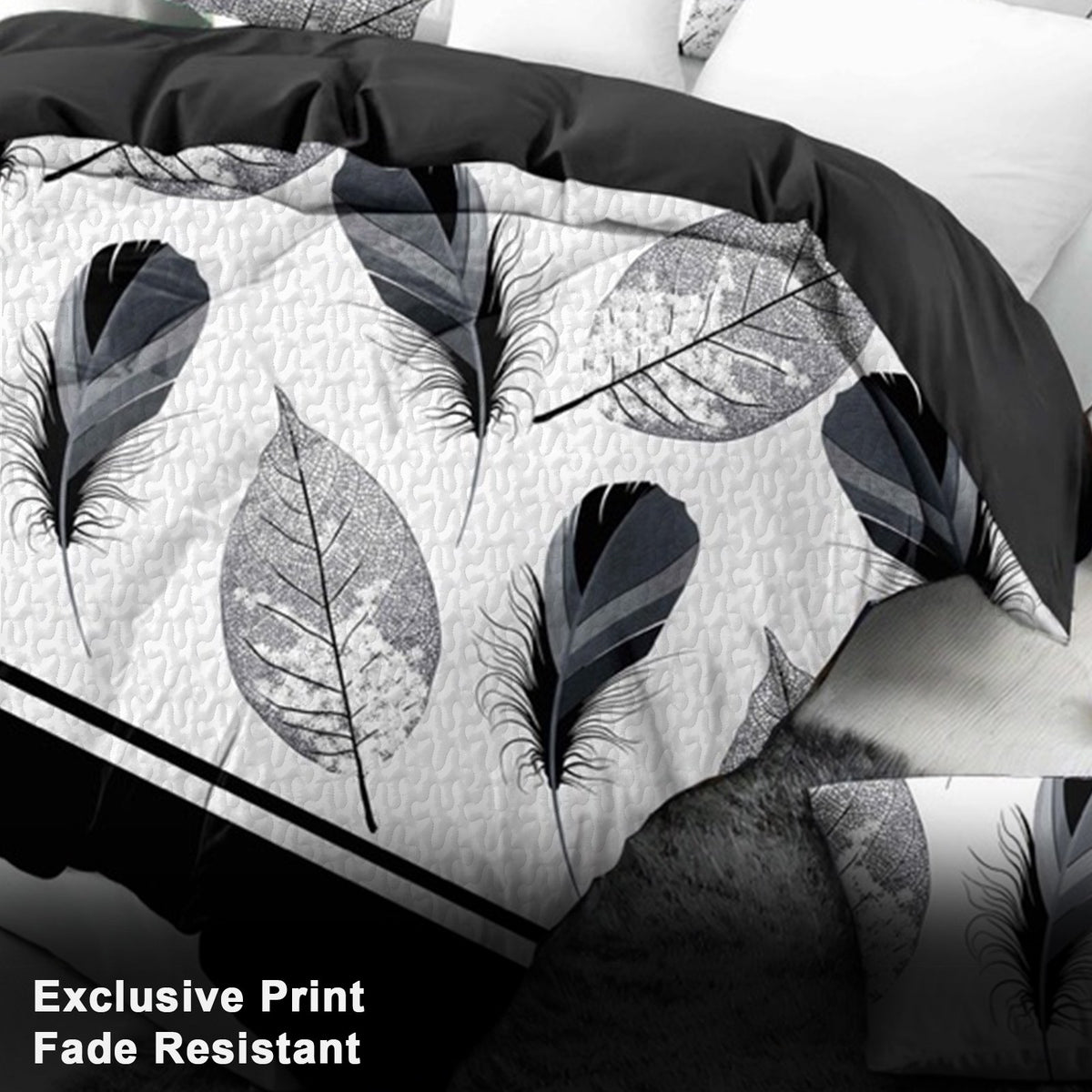 Black & White Feather bedspread and curtain set - coordinated bedroom