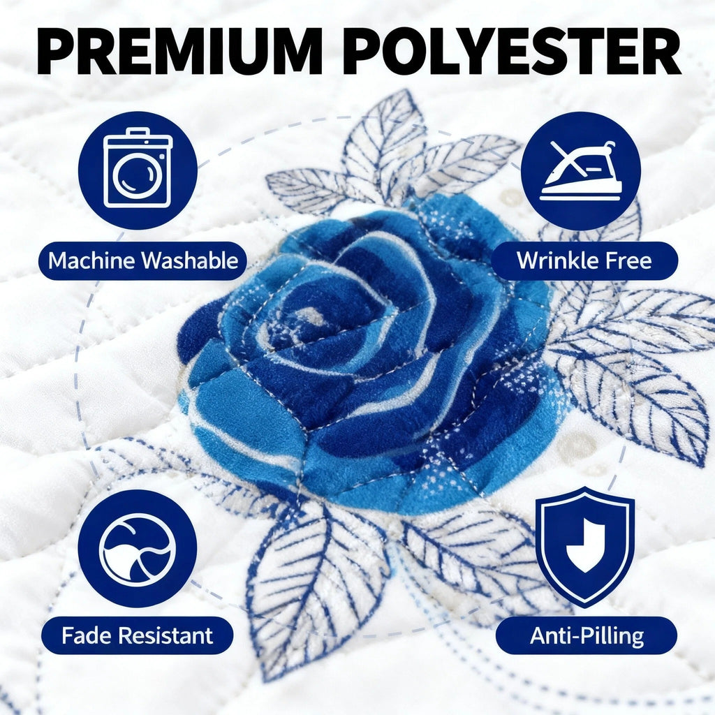 Royal Blue Rose Bedspread & Curtain Set – 9 Pieces