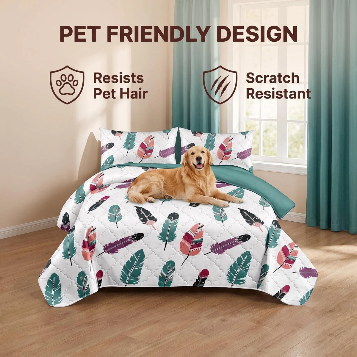 Boho Feather Bedspread & Curtain Set – 9 Pieces