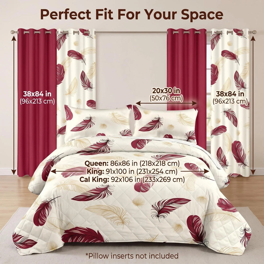 Complete size chart: four bedspread sizes, 20 by 30 inch pillow shams and 38 by 84 inch curtain panels