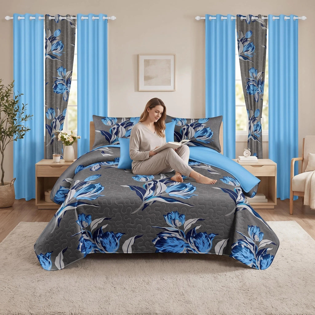 Charcoal & Blue Floral Bedspread & Curtain Set – 9 Pieces