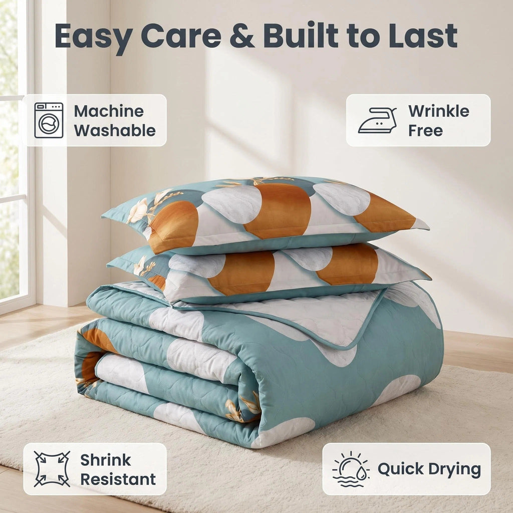 Green Geometric Circle bedspread and curtain set - care guidance