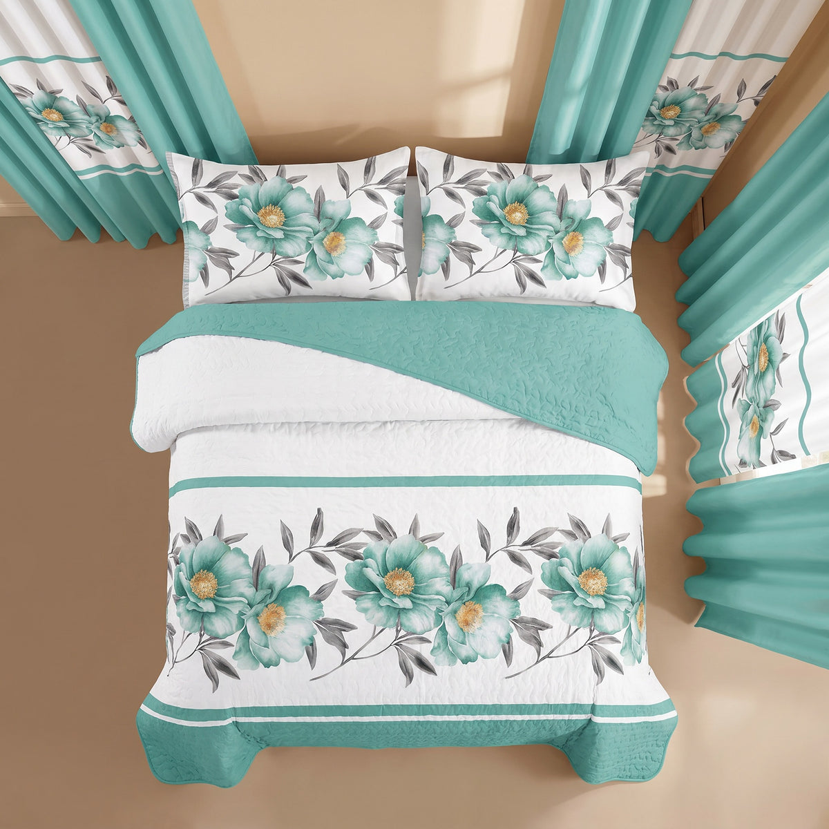 Green Rose Bedspread & Curtain Set – 9 Pieces