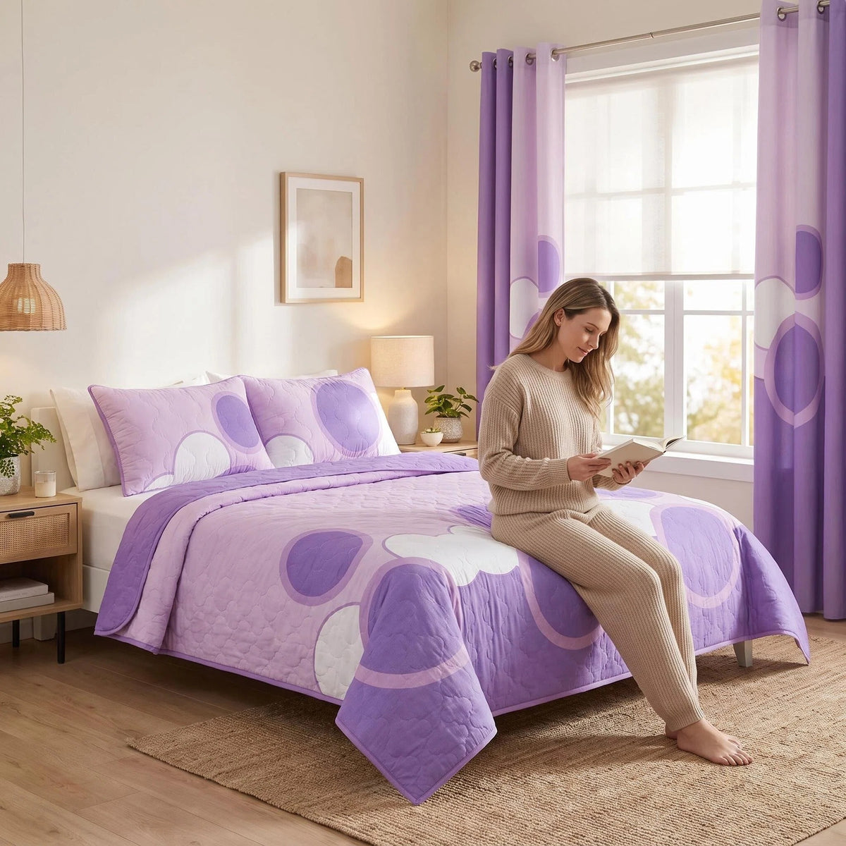 Lavender Geometric Circle Bedspread & Curtain Set – 9 Pieces
