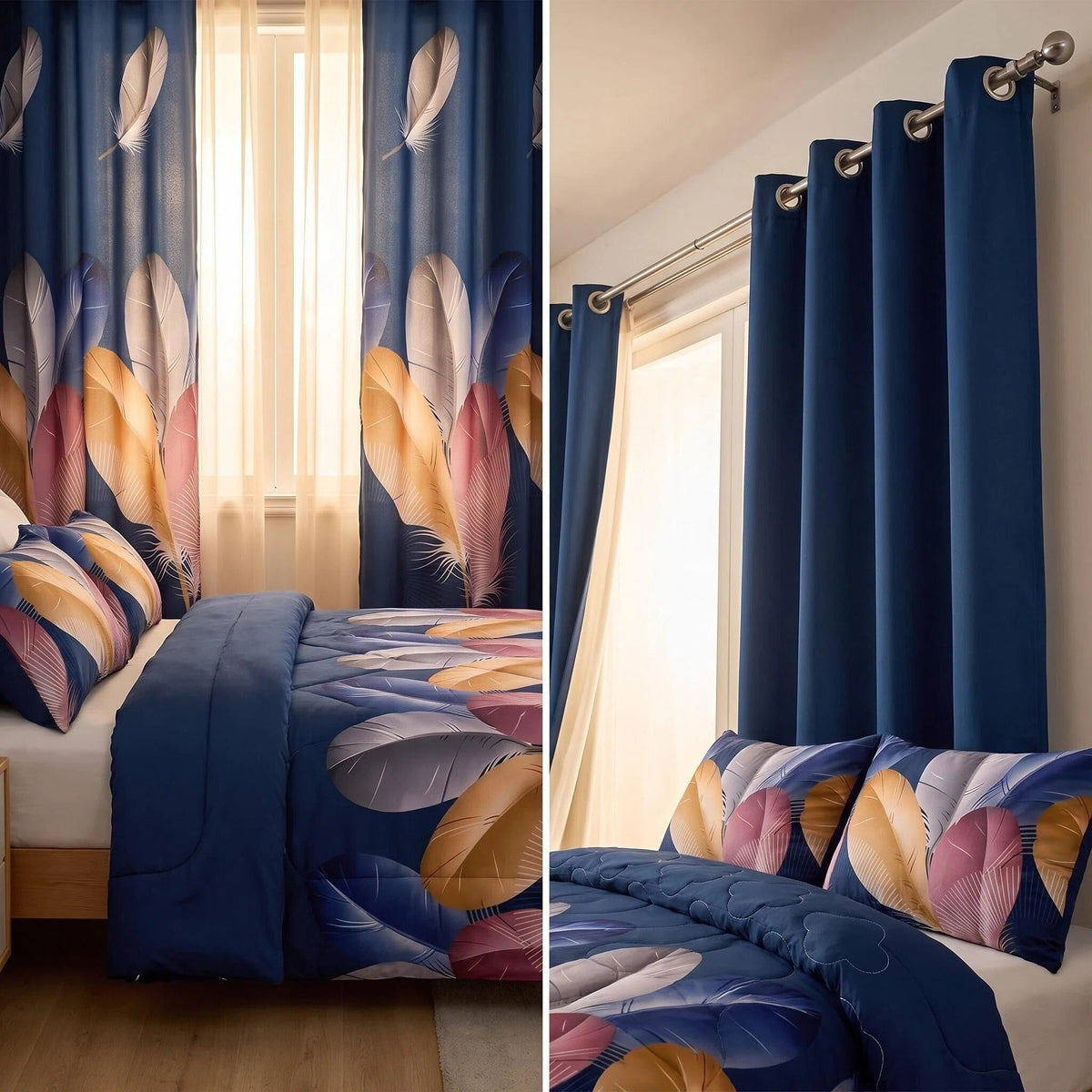 Navy Feather bedspread and curtain set - coordinated bedroom