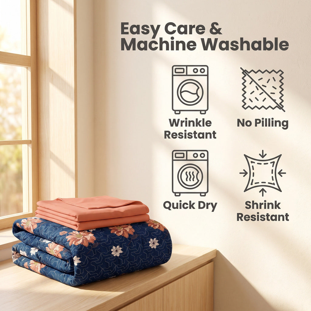 Navy & Red Floral bedspread and curtain set - care guidance