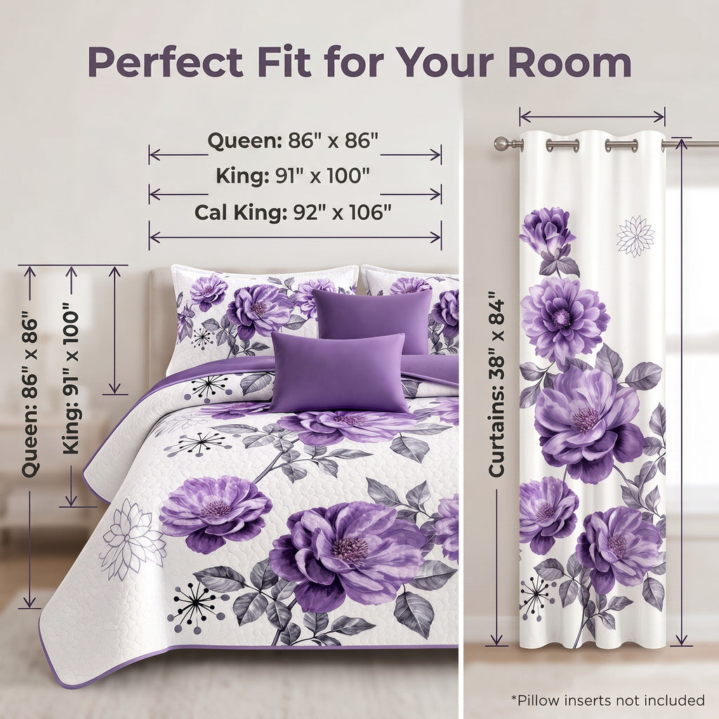 Purple Gem Floral bedspread and curtain set - size reference