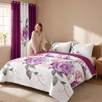 Purple Rose Floral Bedspread & Curtain Set – 9 Pieces
