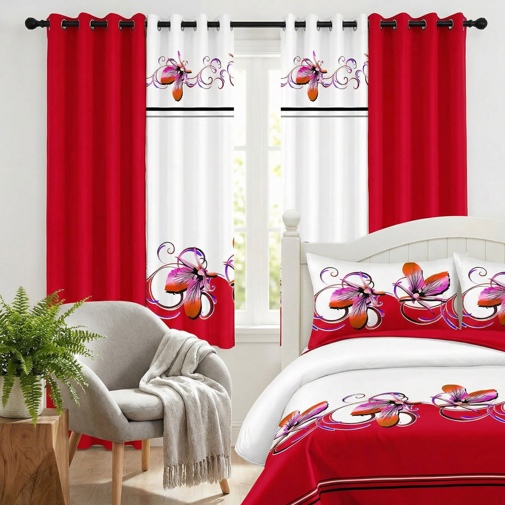 Four solid and two printed light-filtering curtain panels hung together on a rod