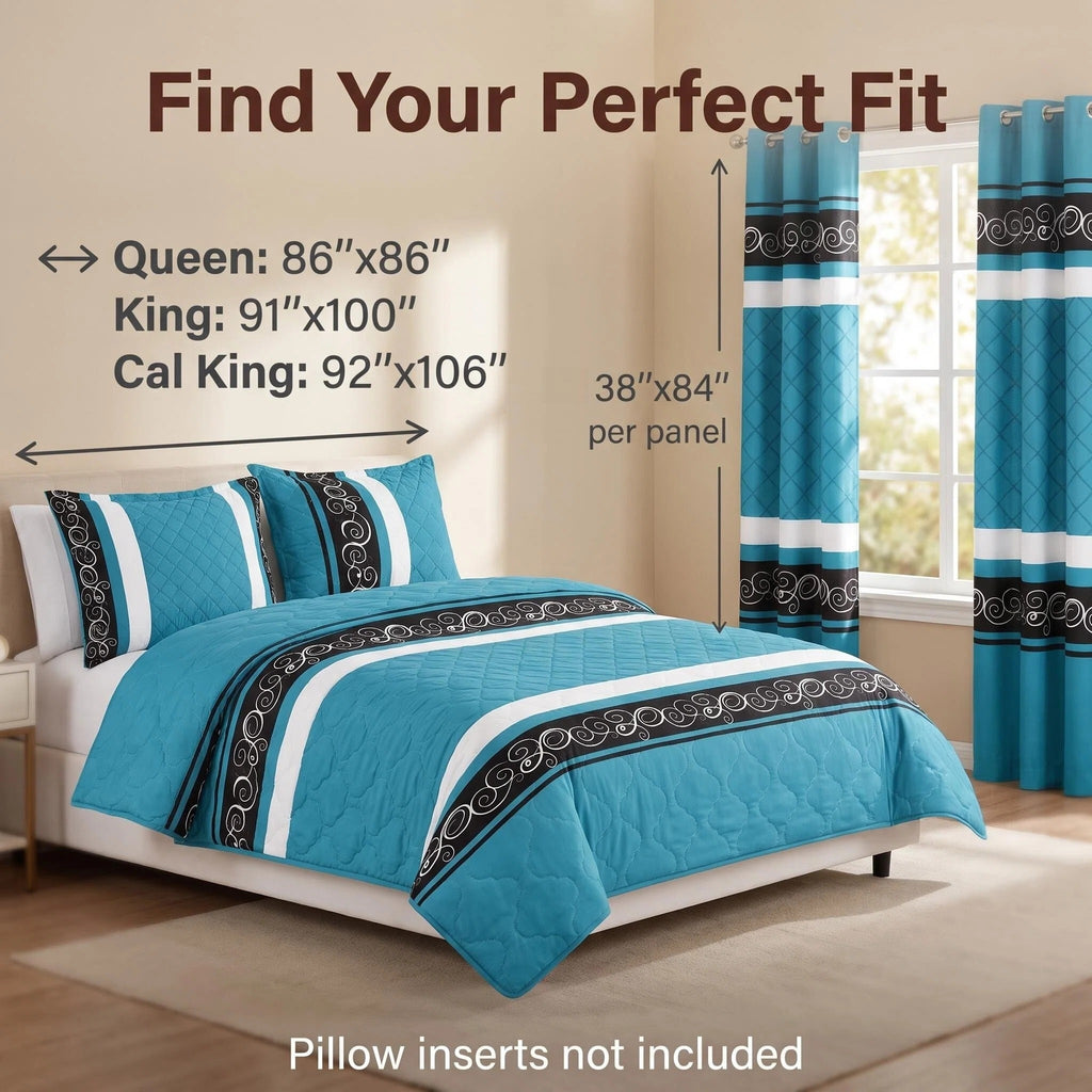 Teal & Black Swirl Bedspread & Curtain Set – 9 Pieces