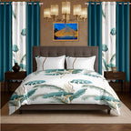 Teal Botanical bedspread and curtain set - coordinated bedroom