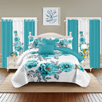 White & Blue Gem Floral Bedspread & Curtain Set – 9 Pieces