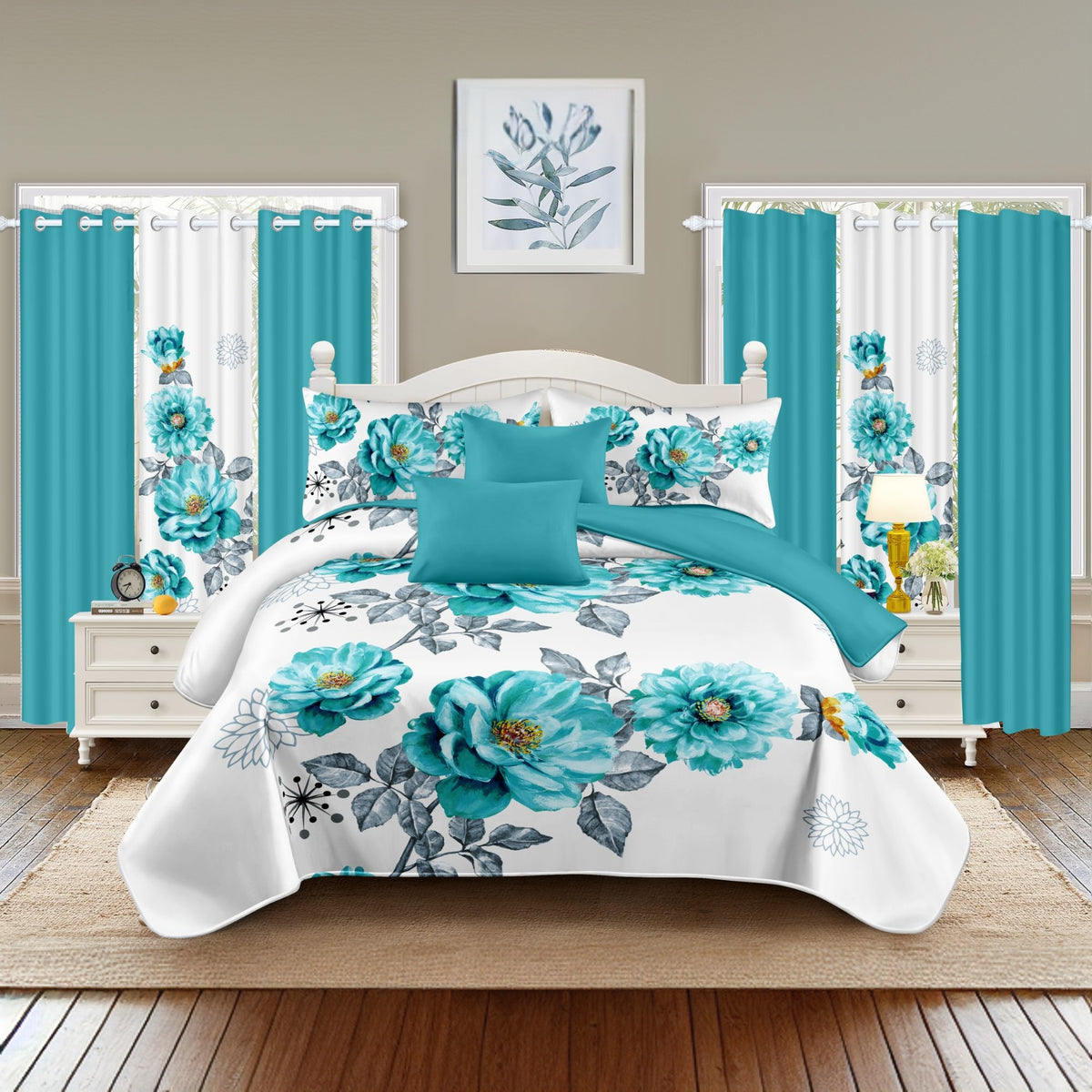 White & Blue Gem Floral Bedspread & Curtain Set – 9 Pieces