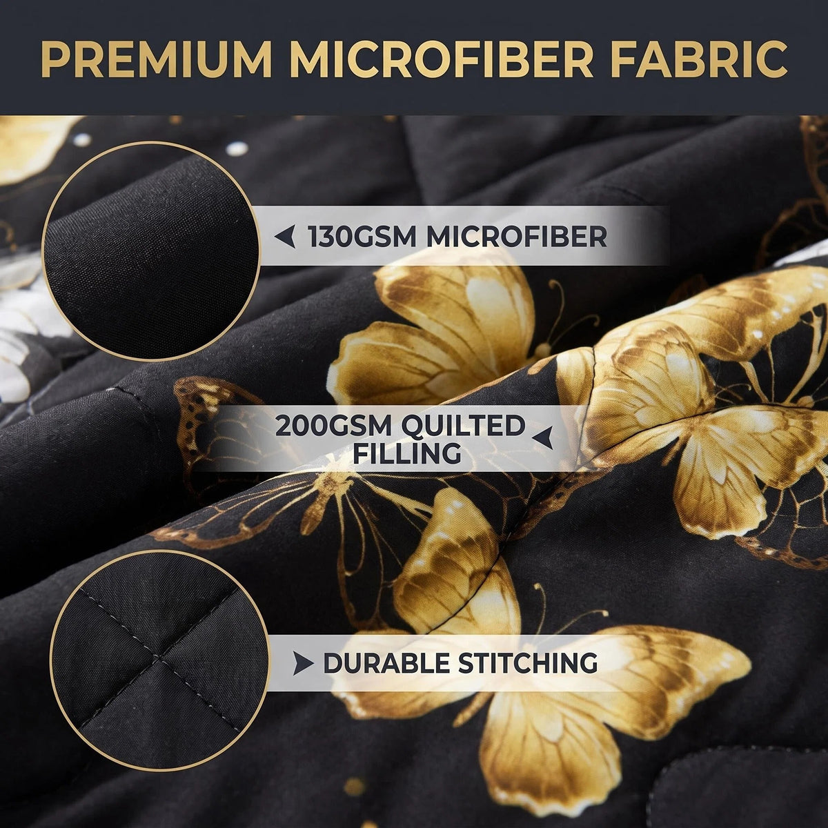 Close-up collage of quilted microfiber, stainless steel curtain grommets and water-repellent fabric
