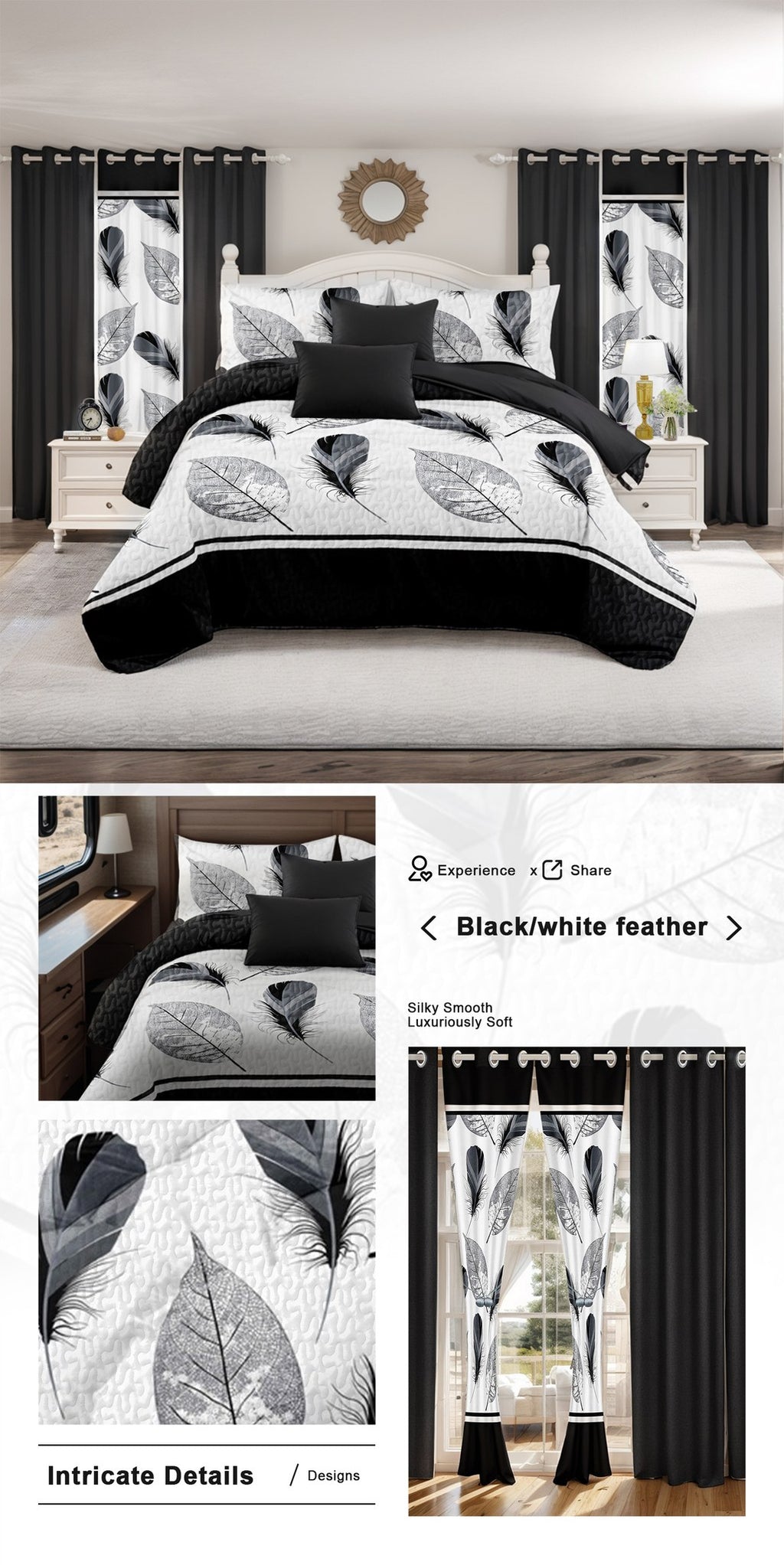 Black & White Feather bedspread and curtain set - coordinated bedroom