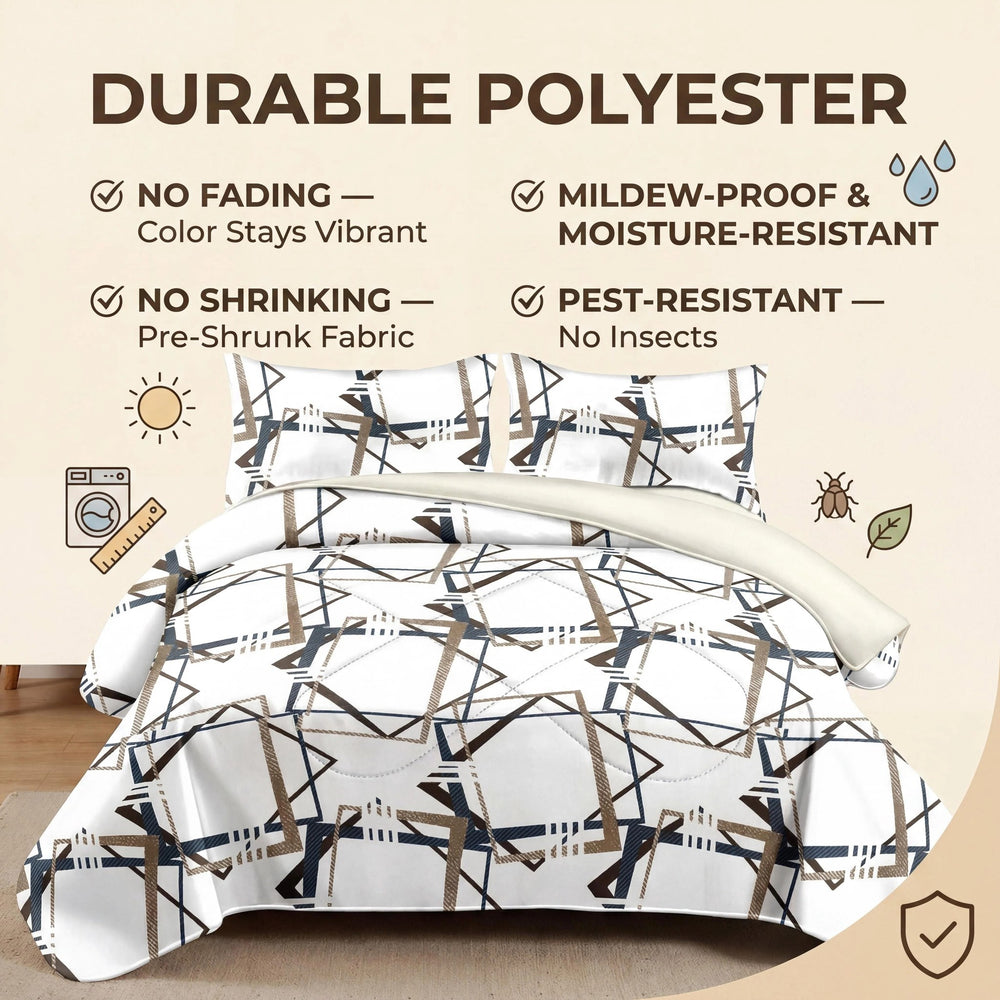 Folded bedspread showing its printed front and solid reverse, with machine-washable, wrinkle-resistant and quick-drying care features