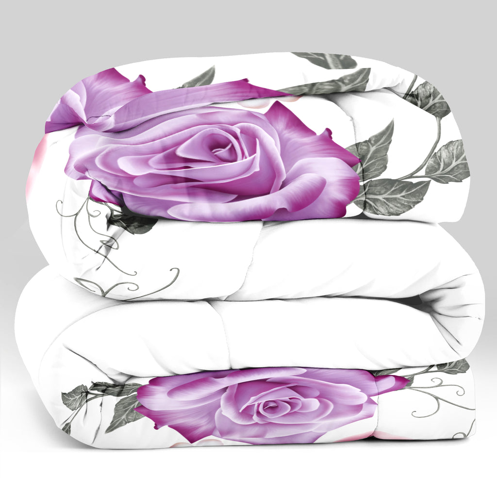 Purple Rose Floral Bedspread & Curtain Set – 9 Pieces